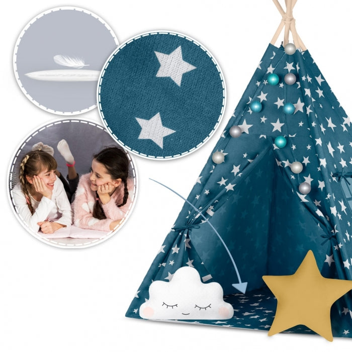Cort de joaca pentru copii cu lumini si 2 pernite Nukido 120 x 120 x 165 cm - Bleumarin cu stelute 