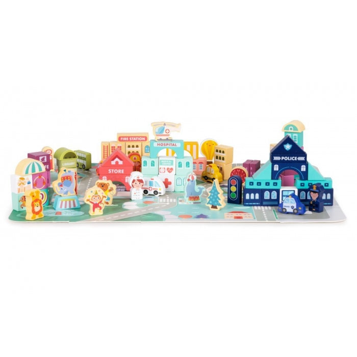 Set educational cu blocuri din lemn si covoras, 121 piese, City Ecotoys MA802