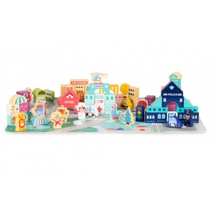 Set educational cu blocuri din lemn si covoras, 121 piese, City Ecotoys MA802
