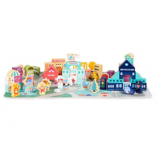 Set educational cu blocuri din lemn si covoras, 121 piese, City Ecotoys MA802