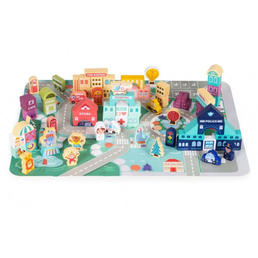 Set educational cu blocuri din lemn si covoras, 121 piese, City Ecotoys MA802