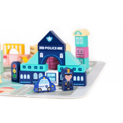 Set educational cu blocuri din lemn si covoras, 121 piese, City Ecotoys MA802