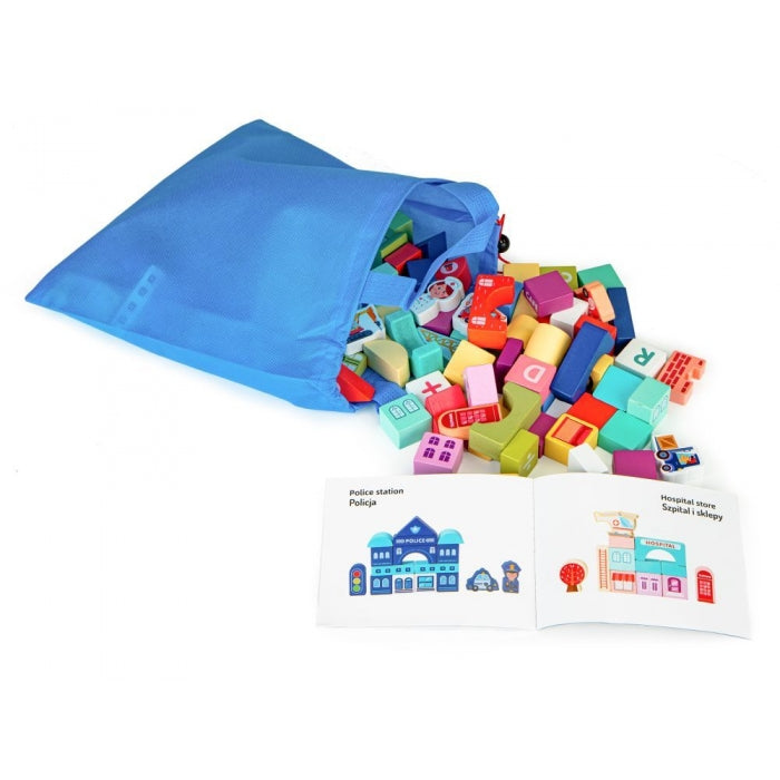 Set educational cu blocuri din lemn si covoras, 121 piese, City Ecotoys MA802