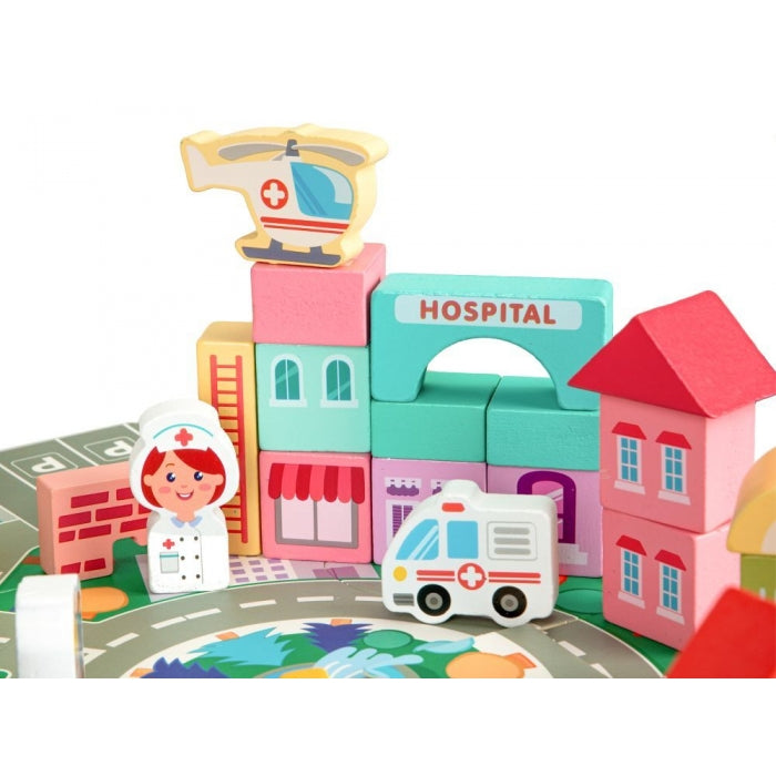 Set educational cu blocuri din lemn si covoras, 121 piese, City Ecotoys MA802