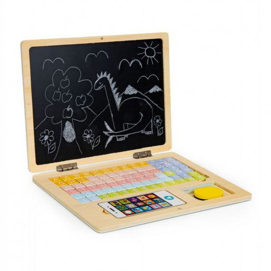 Laptop educational din lemn cu magnet si taste din lemn Ecotoys G068 - Roz
