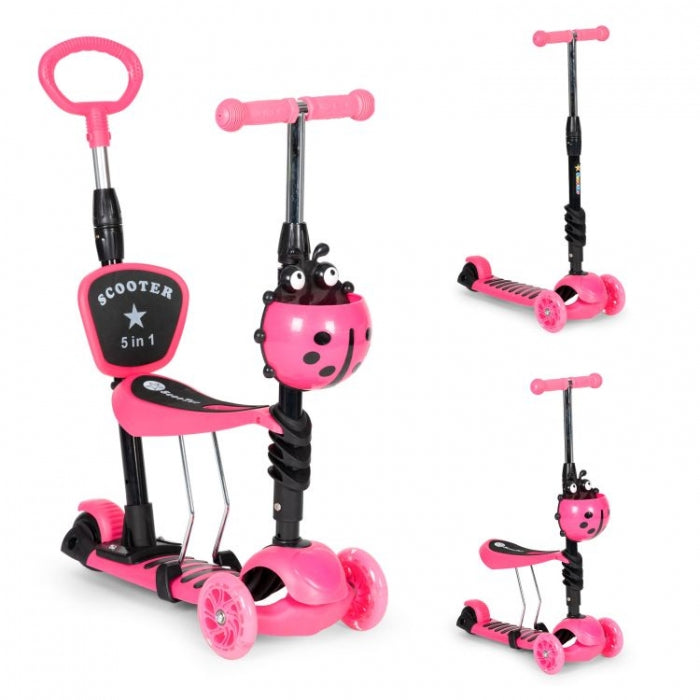 Trotineta 5 in 1 cu sezut si 3 roti cu LED Ecotoys YM-SW-6 - Roz