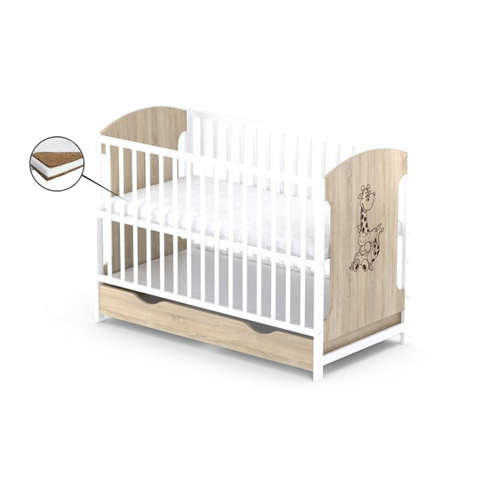 Patut cu sertar VESSANTI MILO GIRAFA - Stejar cu alb + Saltea Cocos 10 cm