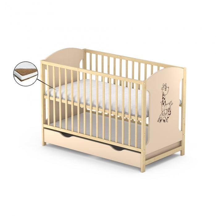 Patut cu sertar VESSANTI MILO GIRAFA - Crem cu natur + Saltea Cocos 10 cm