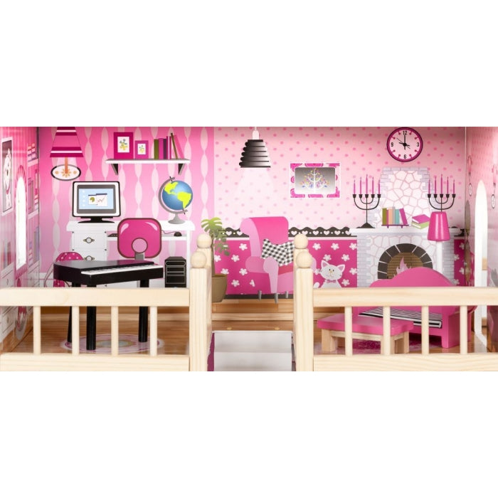 Casuta de papusi inalta din lemn cu mobilier si tobogan Ecotoys HM014075