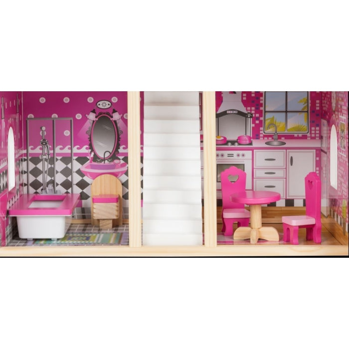 Casuta de papusi inalta din lemn cu mobilier si tobogan Ecotoys HM014075