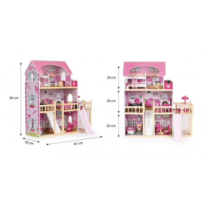 Casuta de papusi inalta din lemn cu mobilier si tobogan Ecotoys HM014075