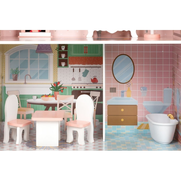 Casuta de papusi inalta din lemn cu mobilier Ecotoys D8112