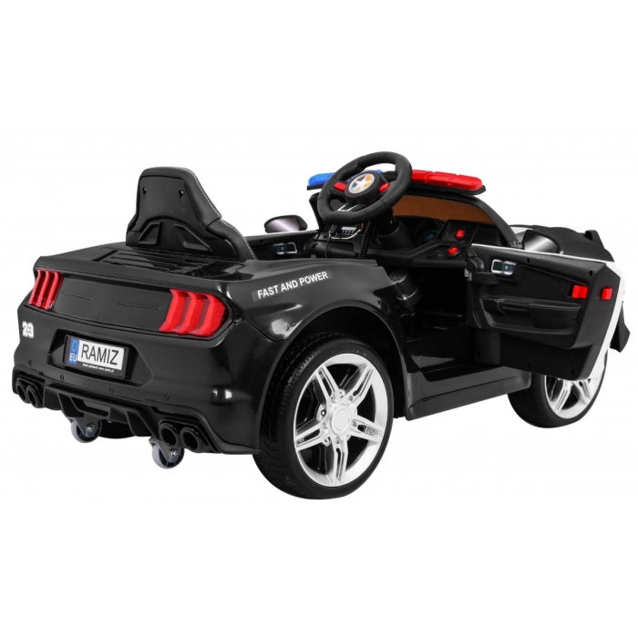 Masinuta electrica cu telecomanda GT Sport Police, roti EVA, scaun tapitat, 108x67x48 cm, putere 24V - Negru