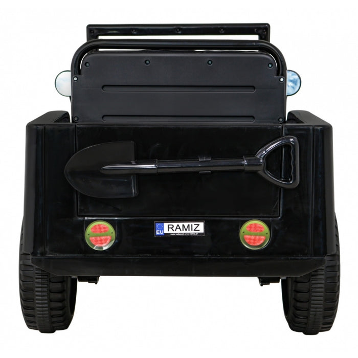 Masinuta electrica cu telecomanda Military Retro 4 X 4, roti EVA, scaun tapitat, 110x56x56 cm, putere 140W - Negru