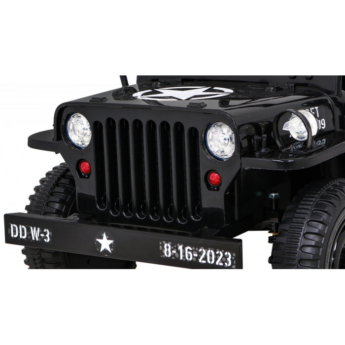 Masinuta electrica cu telecomanda Military Retro 4 X 4, roti EVA, scaun tapitat, 110x56x56 cm, putere 140W - Negru