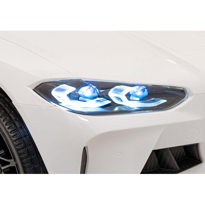 Masinuta electrica cu telecomanda BMW M4, roti EVA, scaun tapitat, 112x71x46 cm, putere 70W - Alb
