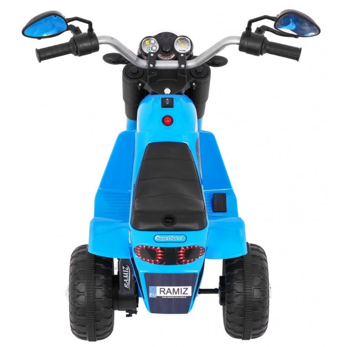 Motocicleta electrica MiniBike, roti din plastic, scaun tapitat, 71x53x57 cm, putere 6V - Albastru