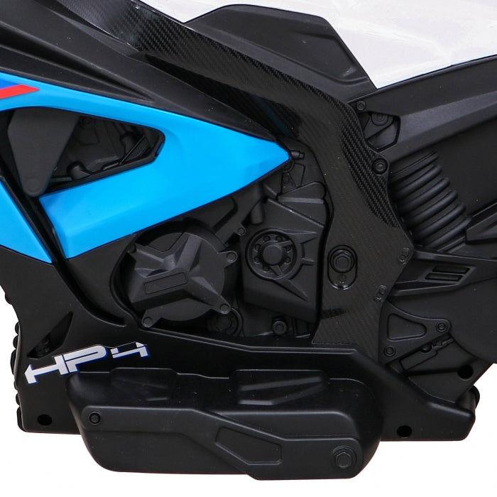 Motocicleta electrica BMW HP4, roti din plastic, scaun tapitat, 81x41x52 cm, putere 70W - Albastru