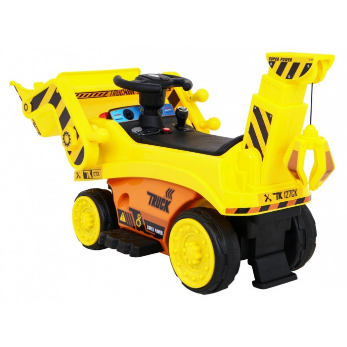 Excavator electric cu cupa mobila JJ309, roti si scaun din plastic, 113x41x52 cm, putere 6V - Galben