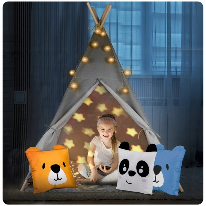 Cort de joaca pentru copii cu ghirlanda, lumini si 3 pernite Nukido 120 x 120 x 165 cm - Gri