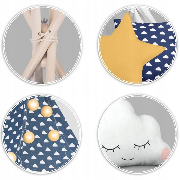 Cort de joaca pentru copii cu lumini si 3 pernite Nukido 120 x 120 x 165 cm - Bleumarin