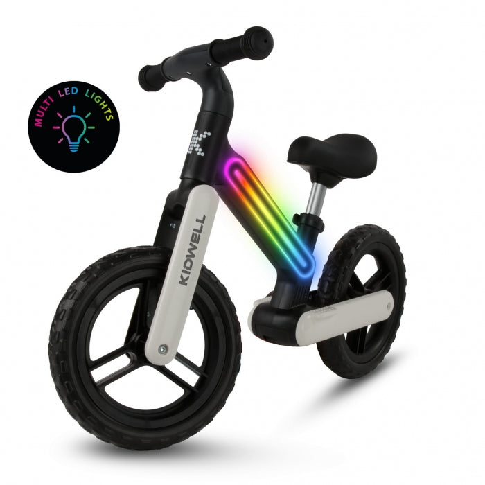 Bicicleta fara pedale, cadru nailon cu LED, roti EVA, Kidwell SUNO - Alb-Negru