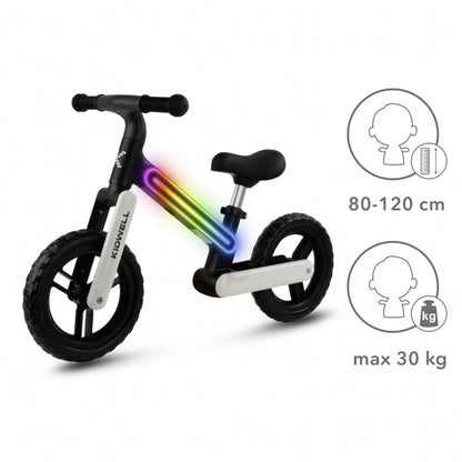 Bicicleta fara pedale, cadru nailon cu LED, roti EVA, Kidwell SUNO - Alb-Negru