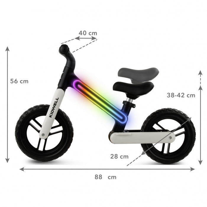 Bicicleta fara pedale, cadru nailon cu LED, roti EVA, Kidwell SUNO - Alb-Negru