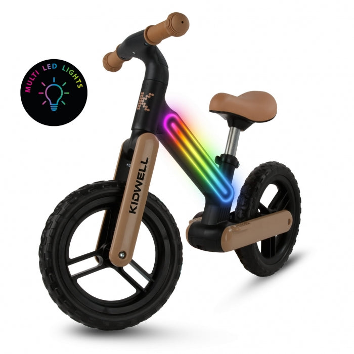 Bicicleta fara pedale, cadru nailon cu LED, roti EVA, Kidwell SUNO - Bej-Negru