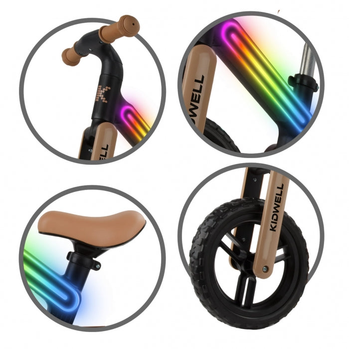 Bicicleta fara pedale, cadru nailon cu LED, roti EVA, Kidwell SUNO - Bej-Negru