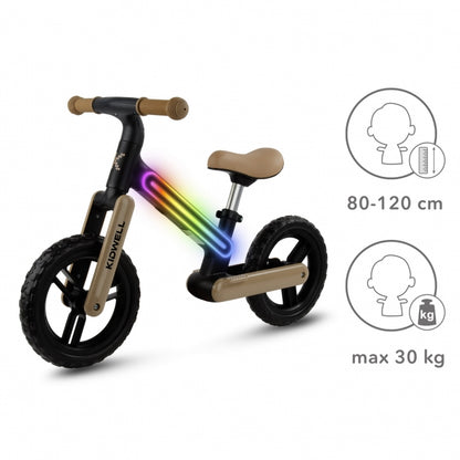 Bicicleta fara pedale, cadru nailon cu LED, roti EVA, Kidwell SUNO - Bej-Negru