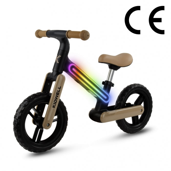 Bicicleta fara pedale, cadru nailon cu LED, roti EVA, Kidwell SUNO - Bej-Negru