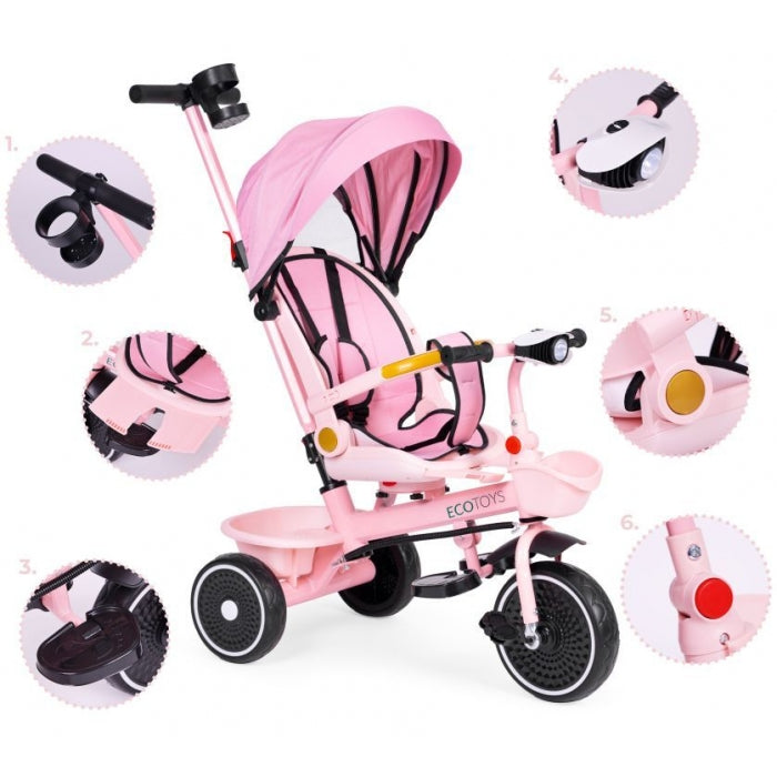 Tricicleta 2 in 1 pentru copii, scaun rotativ 360°, roti din spuma EVA, Ecotoys WQL-066-18 - Roz