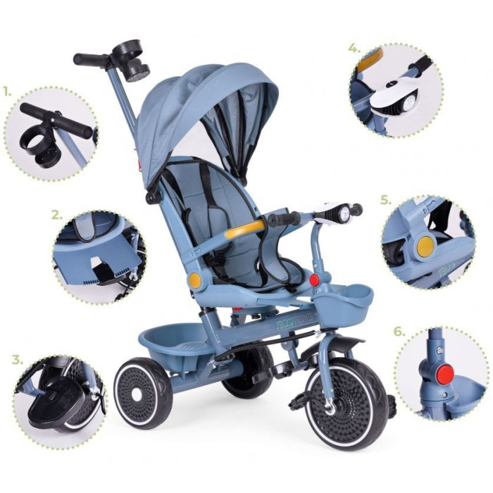 Tricicleta 2 in 1 pentru copii, scaun rotativ 360°, roti din spuma EVA, Ecotoys WQL-066-18 - Albastru