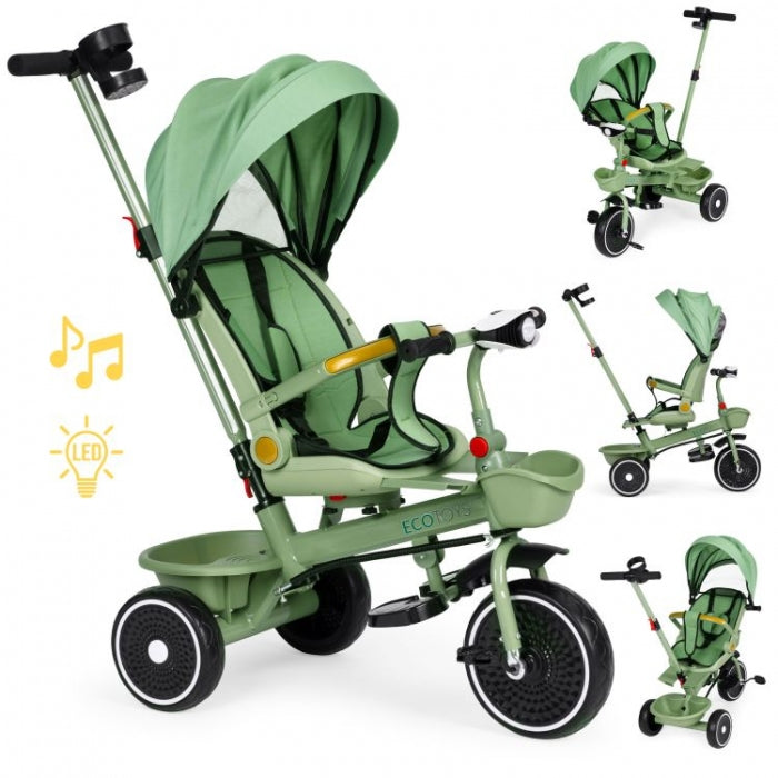 Tricicleta 2 in 1 pentru copii, scaun rotativ 360°, roti din spuma EVA, Ecotoys WQL-066-18 - Verde