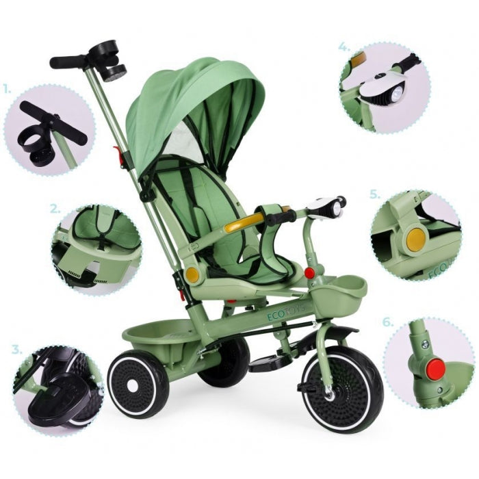 Tricicleta 2 in 1 pentru copii, scaun rotativ 360°, roti din spuma EVA, Ecotoys WQL-066-18 - Verde