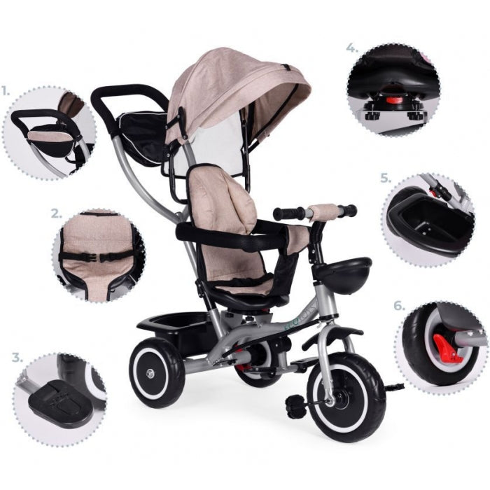 Tricicleta 2 in 1 pentru copii, scaun rotativ 360°, roti din spuma EVA, Ecotoys WQL-066-52 - Bej