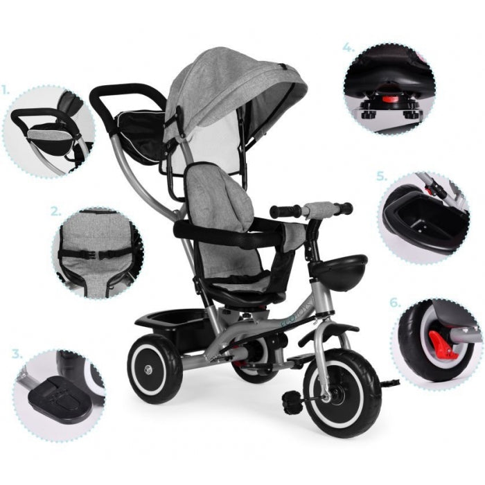 Tricicleta 2 in 1 pentru copii, scaun rotativ 360°, roti din spuma EVA, Ecotoys WQL-066-52 - Gri