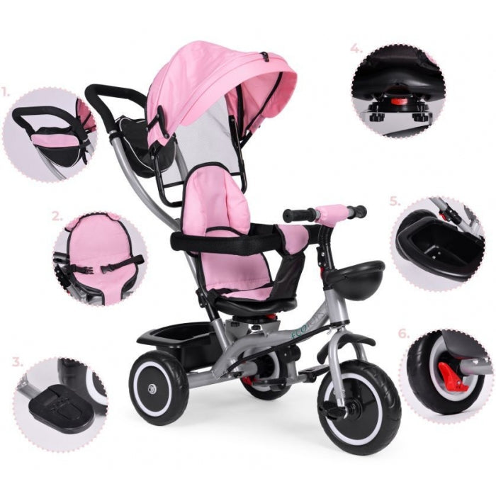 Tricicleta 2 in 1 pentru copii, scaun rotativ 360°, roti din spuma EVA, Ecotoys WQL-066-52 - Roz