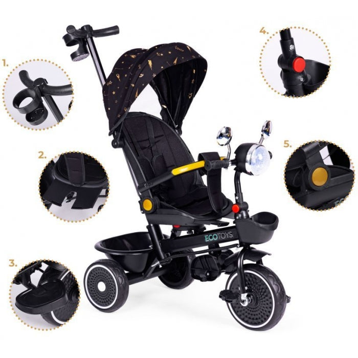 Tricicleta pentru copii, scaun rotativ 360°, roti din spuma EVA, Ecotoys WQL-186 - Negru