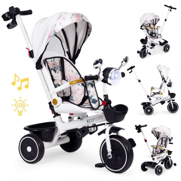 Tricicleta pentru copii, scaun rotativ 360°, roti din spuma EVA, Ecotoys WQL-186 - Alb