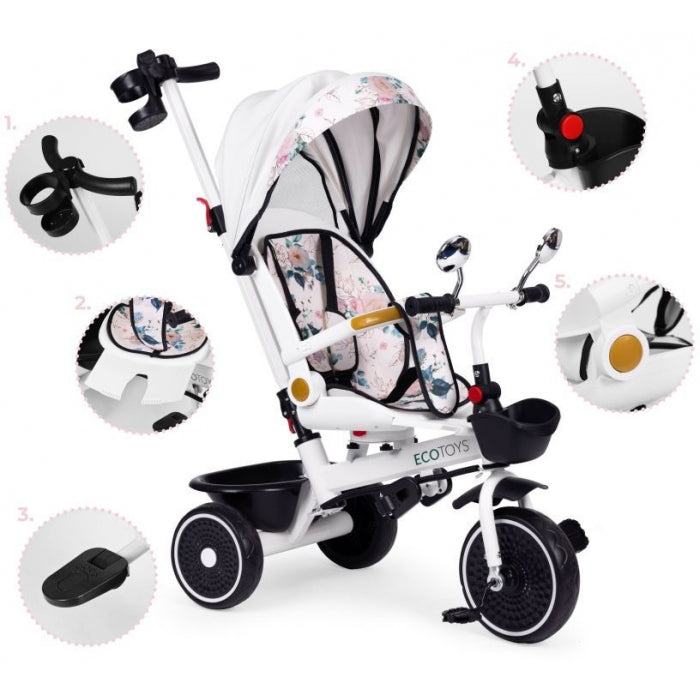 Tricicleta pentru copii, scaun rotativ 360°, roti din spuma EVA, Ecotoys WQL-186 - Alb