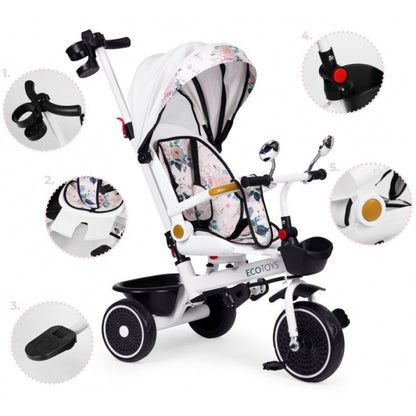 Tricicleta pentru copii, scaun rotativ 360°, roti din spuma EVA, Ecotoys WQL-186 - Alb