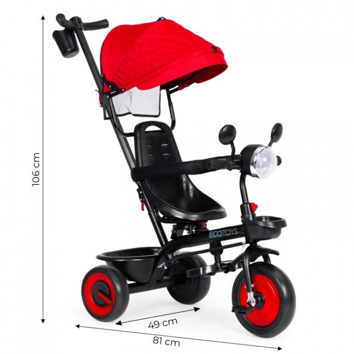 Tricicleta 3 in 1 pentru copii, scaun rotativ 360°, roti din spuma EVA, Ecotoys WQL-066-51 - Rosu