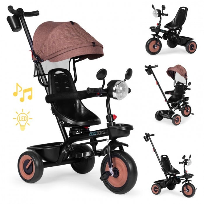 Tricicleta 3 in 1 pentru copii, scaun rotativ 360°, roti din spuma EVA, Ecotoys WQL-066-51 - Bej - Resigilat