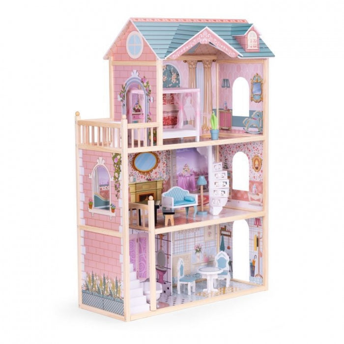Casuta de papusi din lemn cu 3 etaje si mobilier Ecotoys 8106
