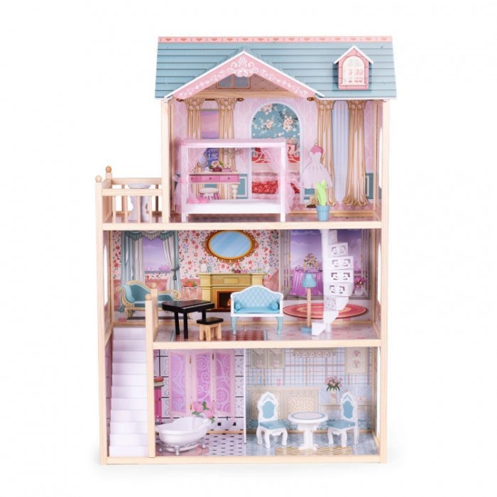 Casuta de papusi din lemn cu 3 etaje si mobilier Ecotoys 8106