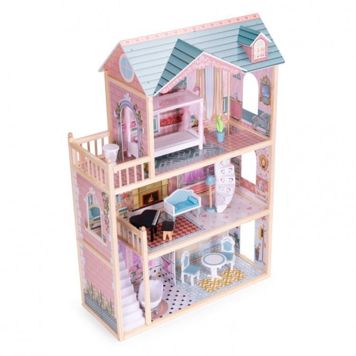 Casuta de papusi din lemn cu 3 etaje si mobilier Ecotoys 8106