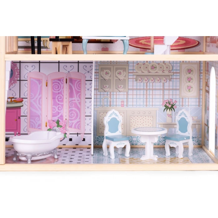 Casuta de papusi din lemn cu 3 etaje si mobilier Ecotoys 8106