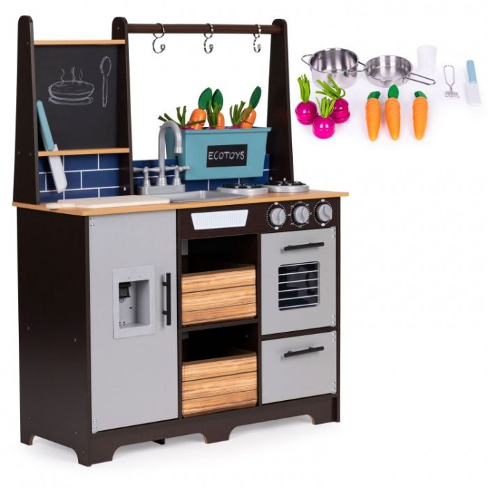 Bucatarie din lemn pentru copii cu accesorii, 74 x 29.5 x 96 cm, Ecotoys TL40030